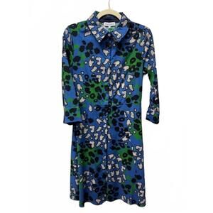 NEW PERLAVERA women's 3/4 sleeve button up flare dress in exotic blue